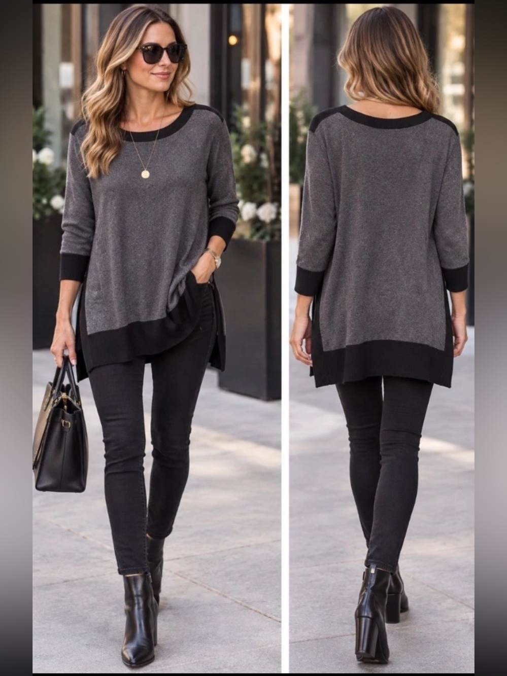 🧑‍🎄 Cable & Gauge Gray Black Colorblock Tunic Sweater 3/4 Sleeves NWT 3X